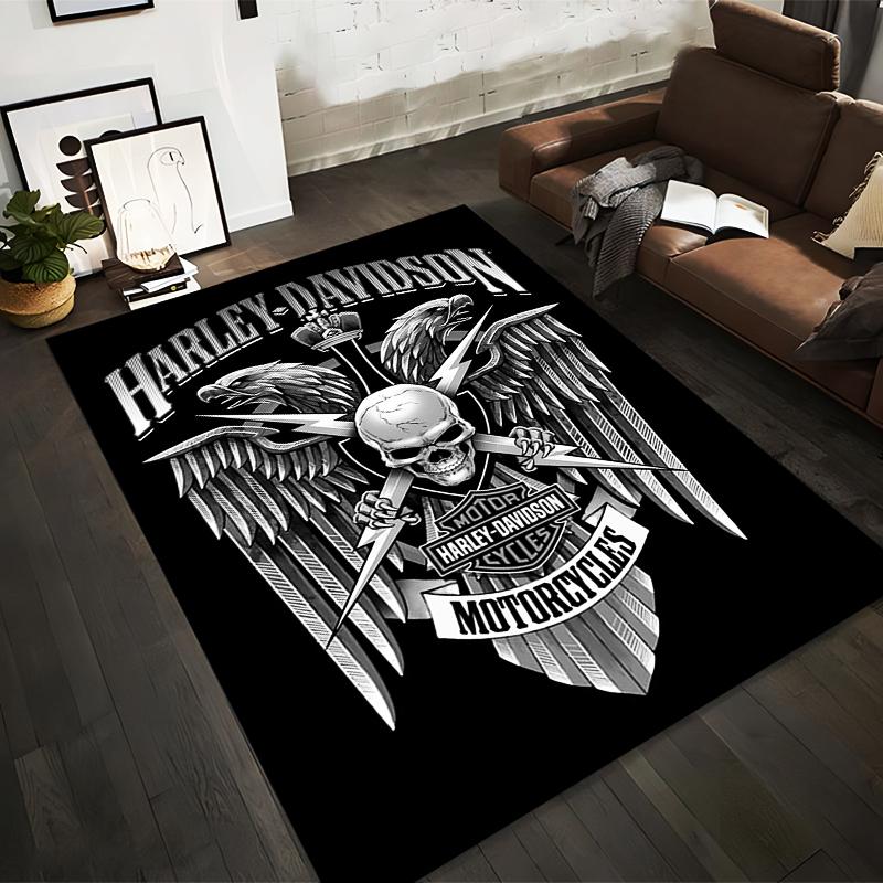 Ковер с дизайном «Череп и Крылья» Harley-Davidson для энтузиастов мотоциклов. Подходит для использования в качестве противоскользящего покрытия для гостиной, спальни, диванов.