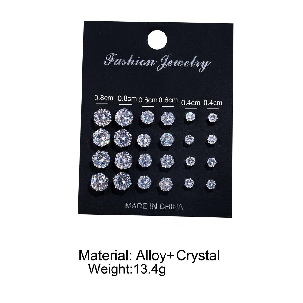 6/12Pairs Elegant Wedding Jewelry Gift Geometric Crystal Stud Earrings Set Round Zircon Alloy Silver