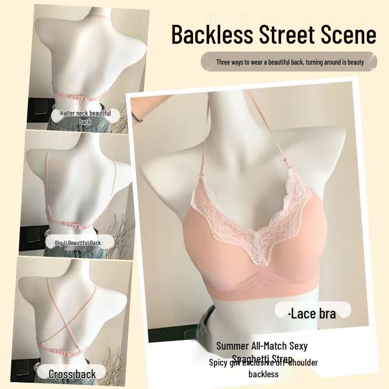 Summer Seamless Lace Backless Camisole Bra for Women - Gathering, Thin Straps, U-Back Design.