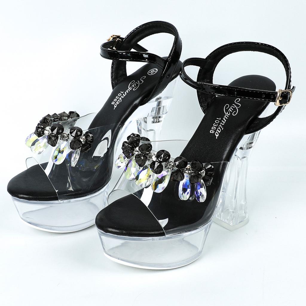 Transparent Heel Rhinestone Thick Heel Crystal Heel Sandals Women's Summer Waterproof Table Non-slip Thick Sole Sexy Versatile Shoes