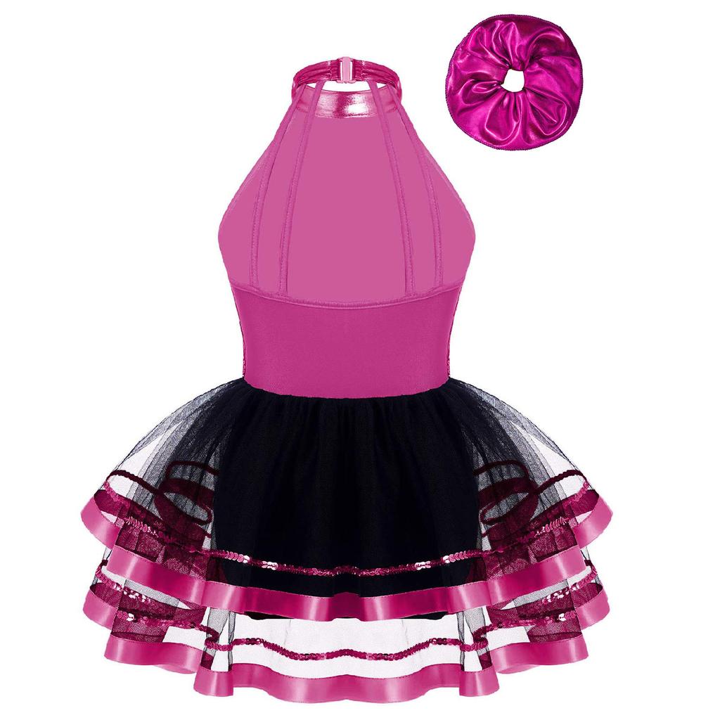 Girls Dance Performance Dress Halter Sleeveless Backless Design Sparkling Sequins Decorated Tutu Costume