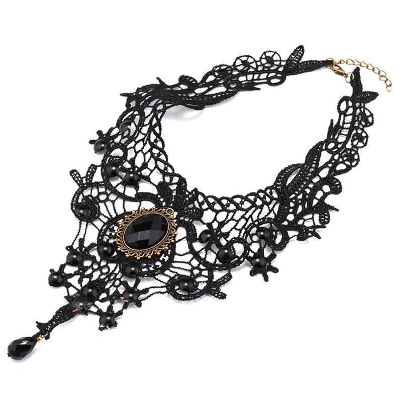 Женский черный кружевной чокер с бусинами, Викторианский, с драгоценными камнями, Сексуальный, Готический, Ожерелье-воротник, Хороший подарок для женщин