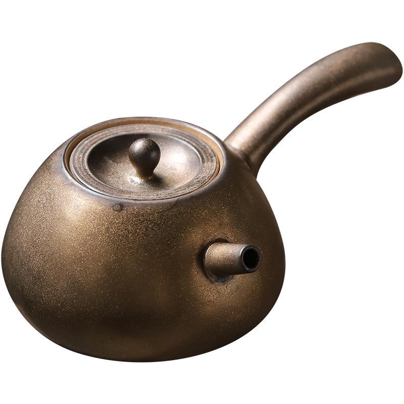 Gilded Retro Handmade Ceramic Side-Handle Teapot with Filter - Gongfu Tea Set