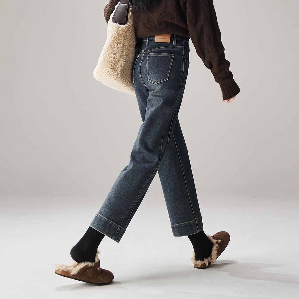 Woolen thickened high waisted jeans for women in winter 2025, fashionable and versatile, slimming straight leg pants