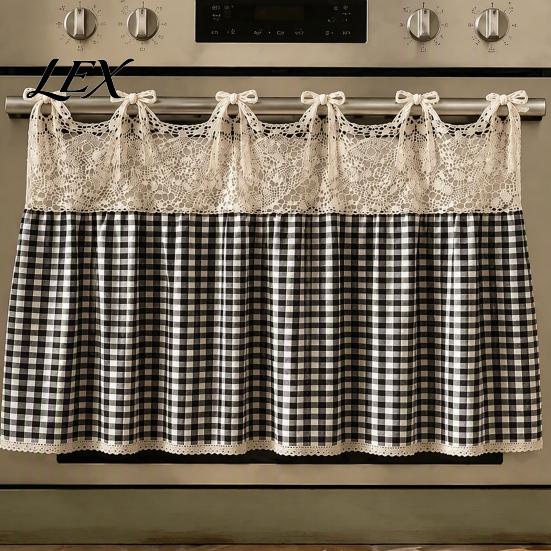 Decorative Fabric Oven Handle Wrap Farmhouse Stove Skirt, Plaid Crochet Lace Curtain, Hollow Kitchen Ornament Skirt Curtain with Ties for Cottage