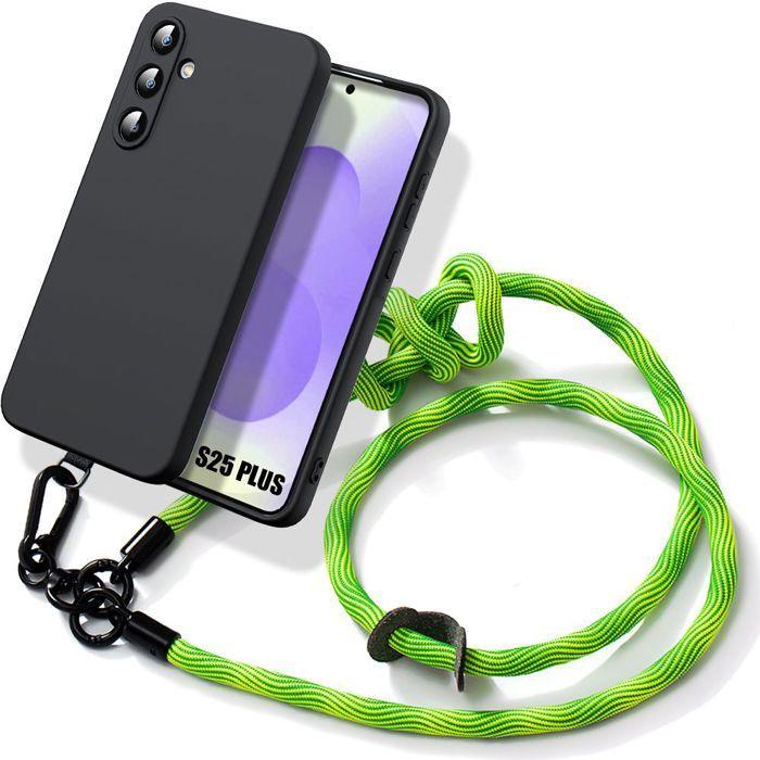 Coque pour Samsung Galaxy S25 Plus (S25+) Protection Silicone Liquide Noir avec Cordon Détachable Vert