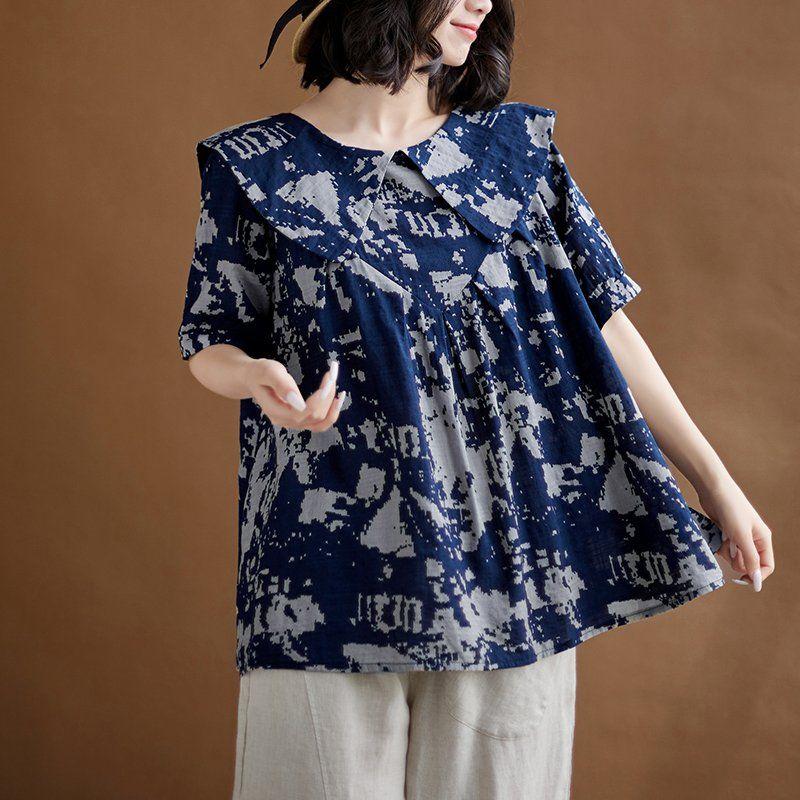 Большой Размер Свободная Летняя Женская Рубашка Футболка Литературная и Модная Кукольная Рубашка Топ Мода