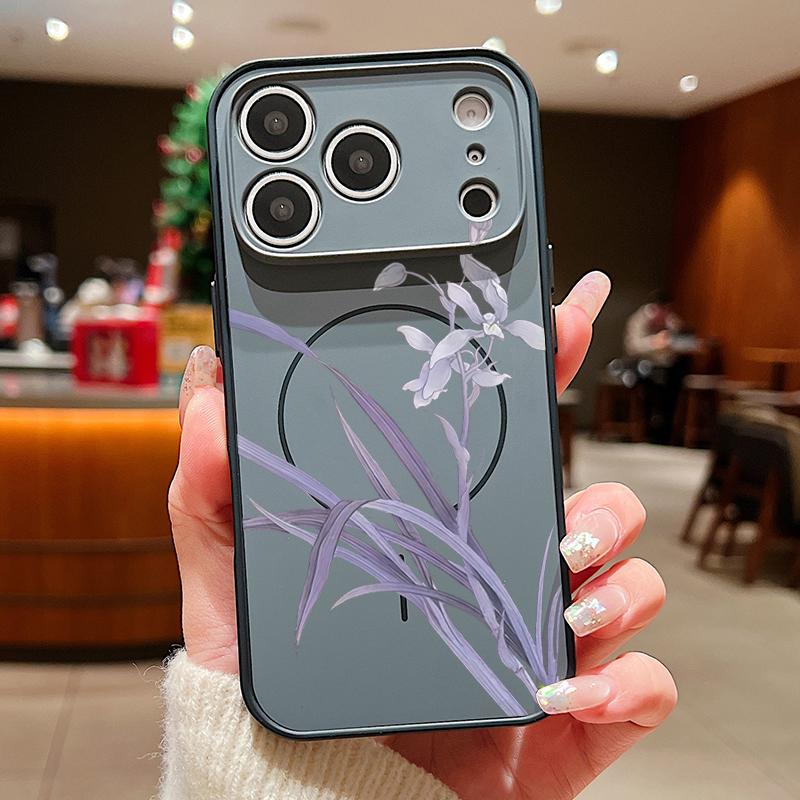 Магнитный Чехол Для Magsafe Для iPhone 17 Pro Max Фиолетовая Орхидея Цветочный Узор Покрытие С Ощущением Кожи Для iPhone 16 15 14 13 Pro Max