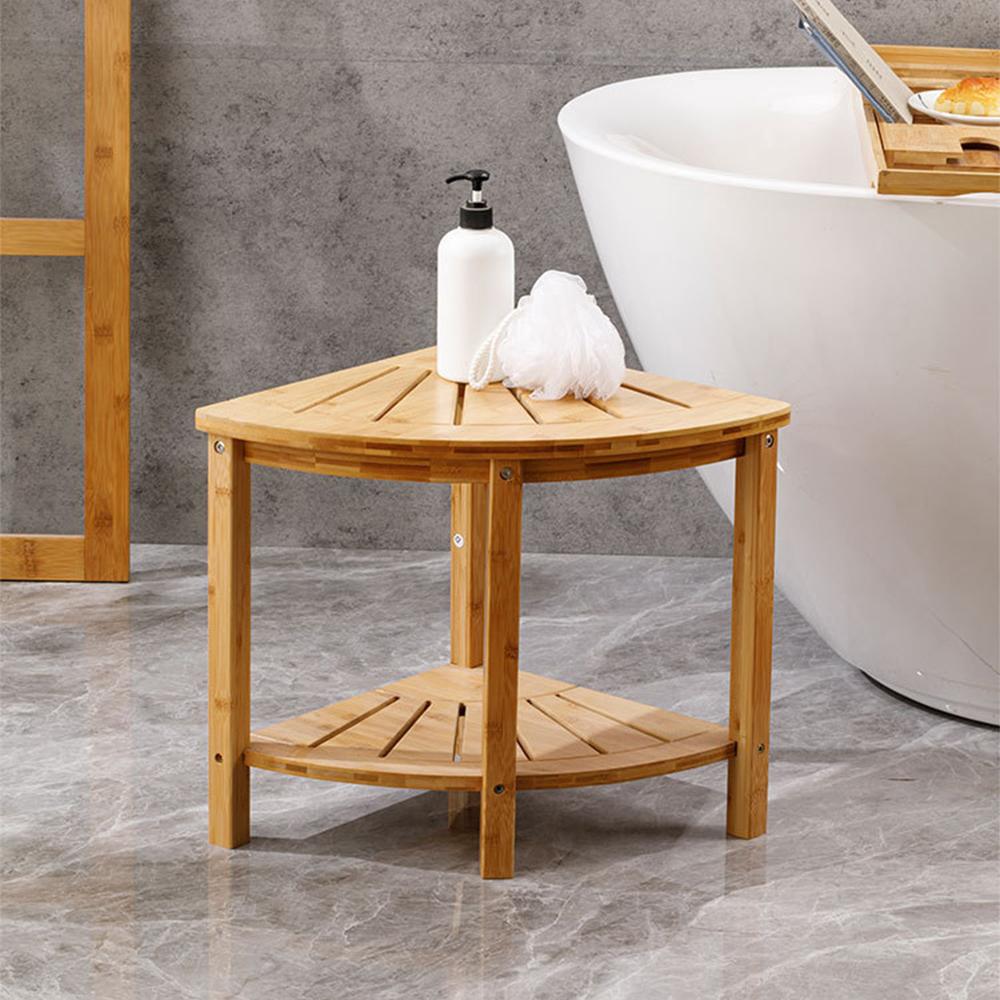 Corner Shower Stool with Storage Rack Anti-slip Natural Bamboo Shower Bench Multifunctional Shower Caddy Bathroom Organizer for Adults Elderly Pregna