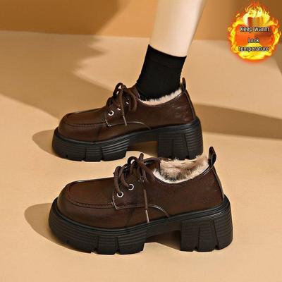 Женские ретро лоферы в британском стиле из коричневой кожи на толстой подошве и с плюшевой подкладкой для весны, осени и зимы.