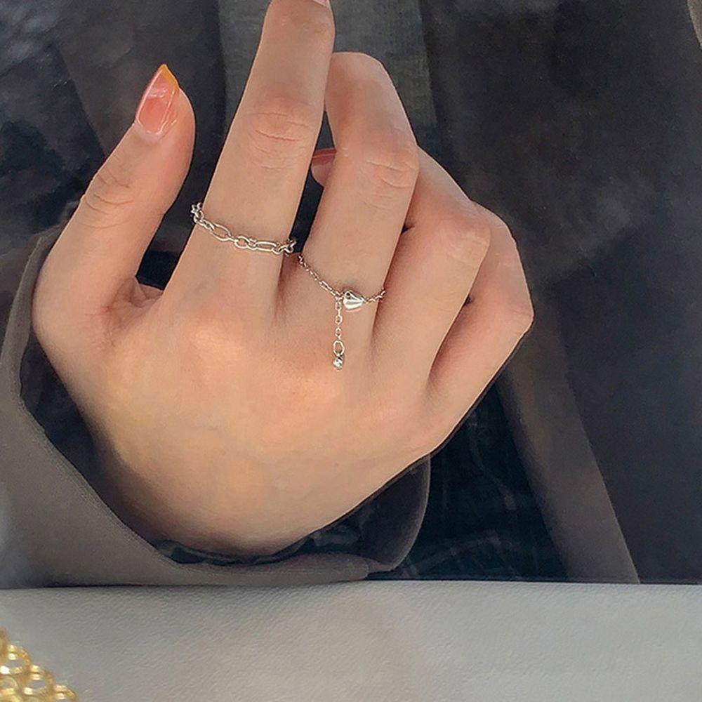 Sweet Trendy Adjustable Chain Bead Punk Women Rings Korean Finger Rings Finger Jewelry Heart