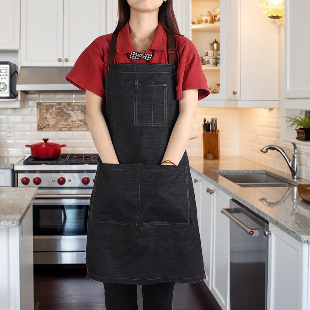 Unisex Denim Working Pockets Apron for Drawing Painting Restaurant Coffee Waiter (Black)