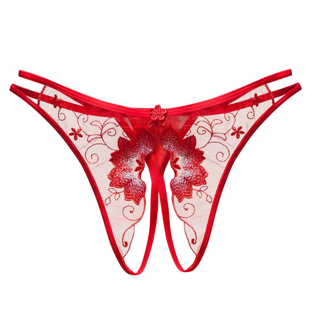 Women Low Waist Sexy Panties Flower Embroidery Crotchless Transparent Mesh Thongs Hollow Out Underwear Womens Lace Sexy Lingerie