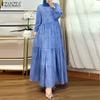 Women Vintage Print Casual Round Neck Long Sleeve Loose Dress