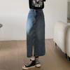 Women Retro Midi Skirt High Waist Button-Zipper Closure Denim Skirt Multi Pockets Front Slit Design Washed Denim Skirt