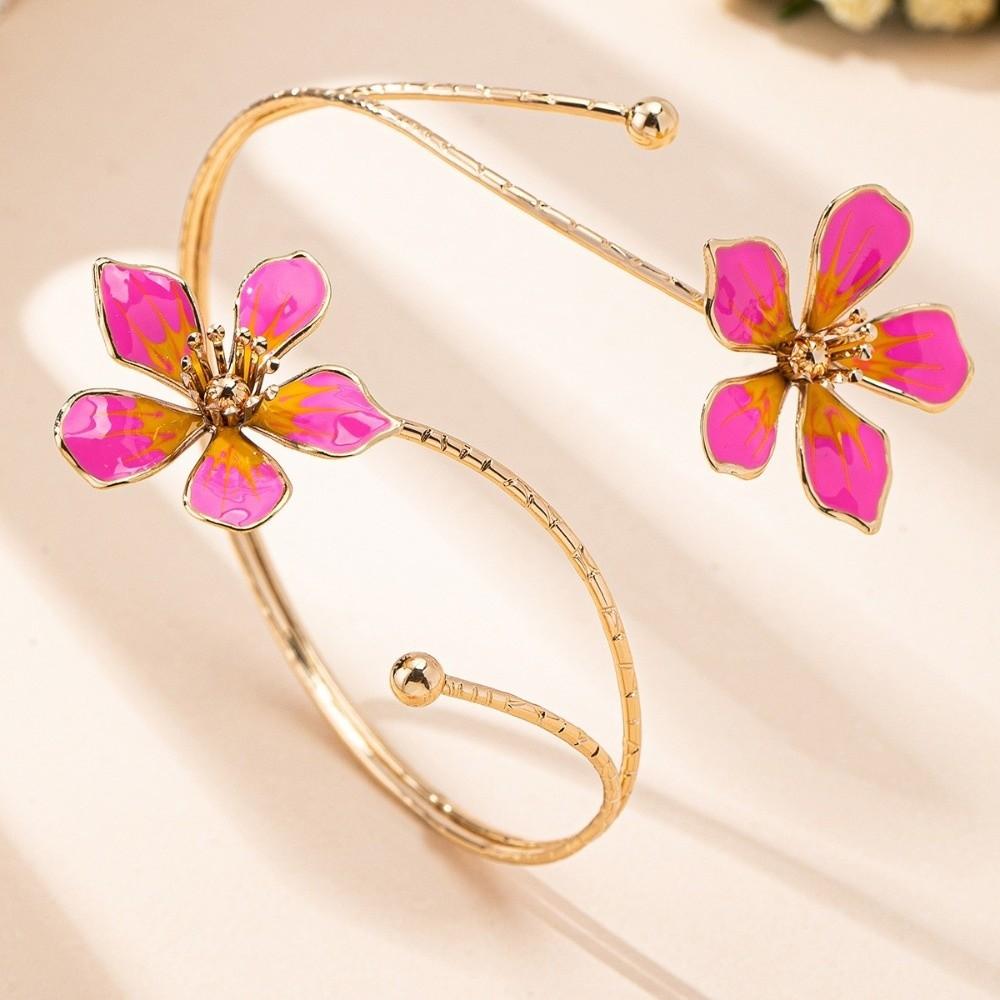 Adjustable Open Cuff Bracelets Enamel Drop Flower Floral Bangle Vintage Armlet