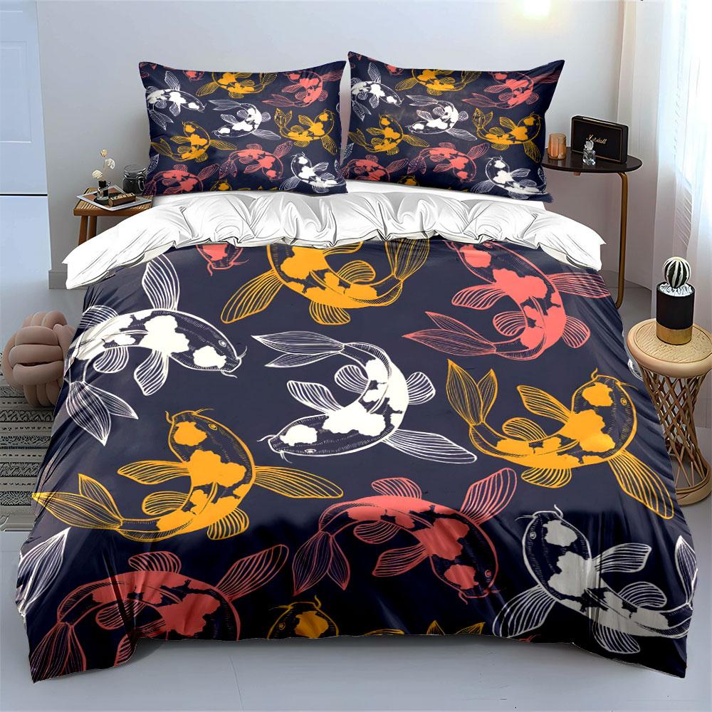 Colorful Koi Fish Pattern Bedding Duvet Cover Set  (1*Duvet Cover 2*Pillowcases, without duvet insert)