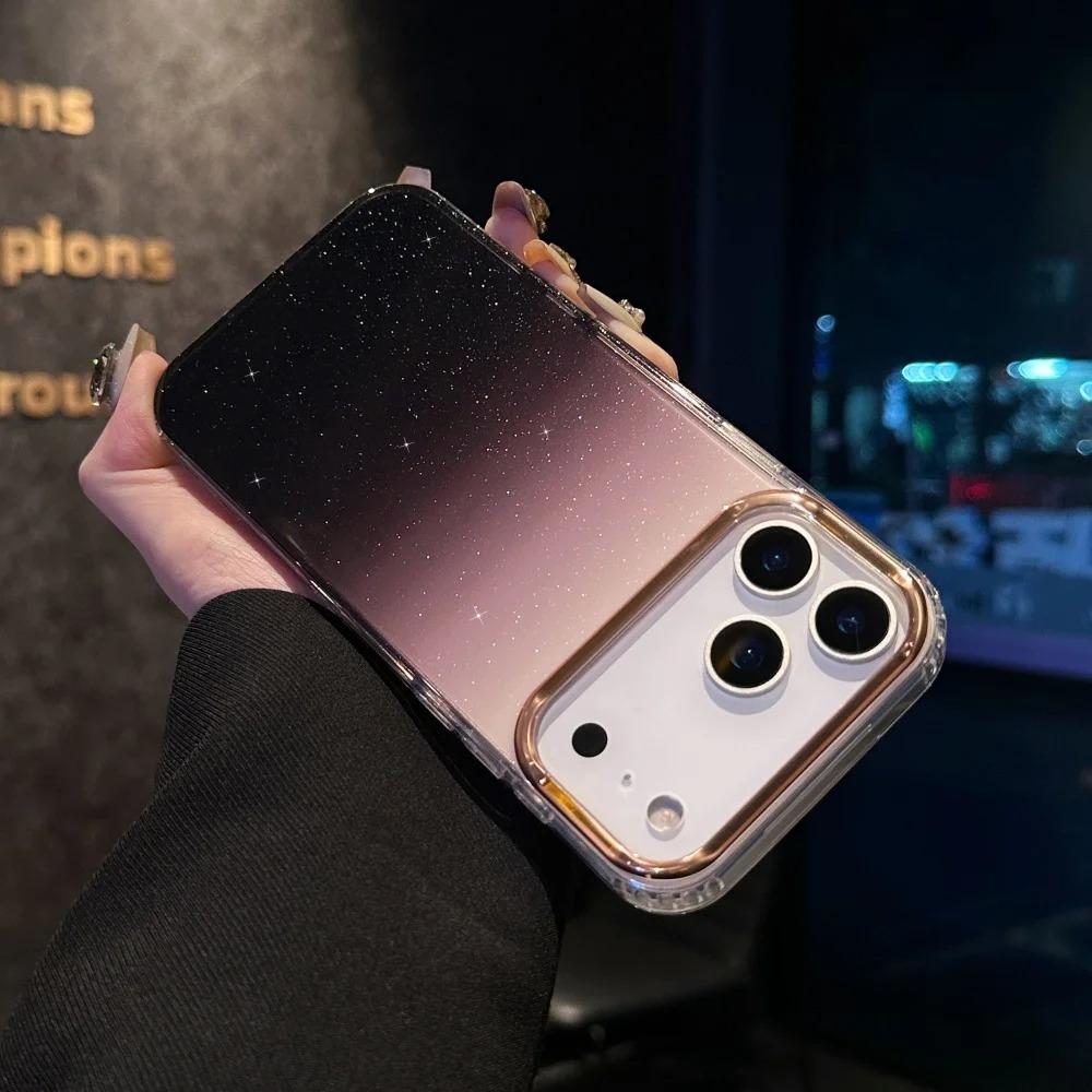 Модный градиентный ударопрочный чехол с блестками и покрытием для iPhone 17Air 16E 15 14 Plus 13 12 11 Pro Max Металлическая рамка для объектива Прочная крышка