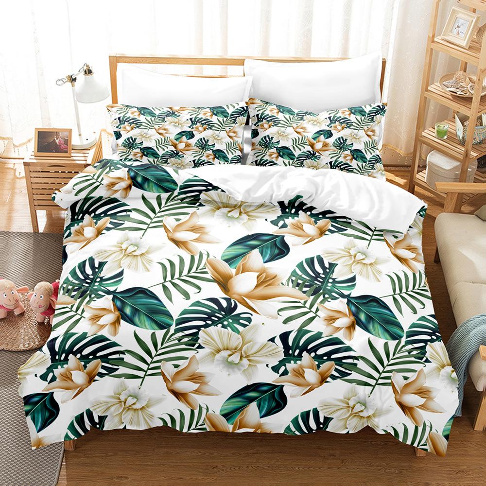 3D Digital Printing Quilt Cover Tropical Plant Green Leaf Flower Three-Piece Set Abrasive Bedding