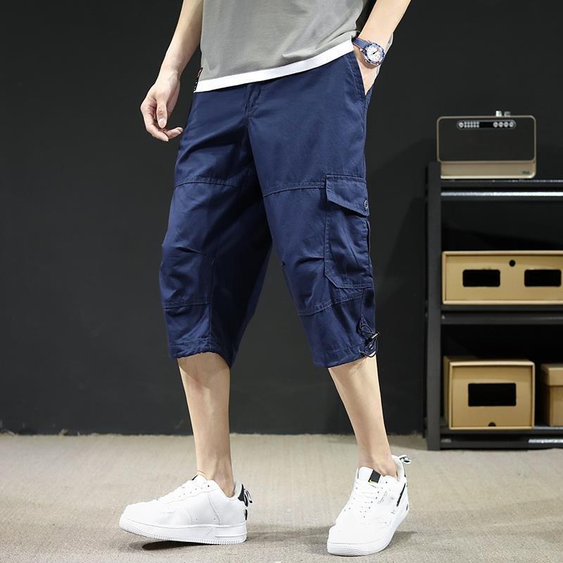 Summer Elastic Waist Straight Loose Tooling Cropped Breeches Men's Sports Plus Fat Plus Size Casual Multi-pocket Shorts