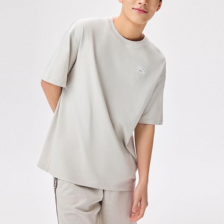 Anta Пуловер с круглым вырезом и узором логотипа, свободная футболка с короткими рукавами, топы унисекс, бежевый 972328113-2