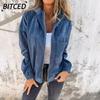BITCED Женские винтажные повседневные однотонные куртки и пальто с принтом Осень Зима с длинным рукавом Международный дизайн