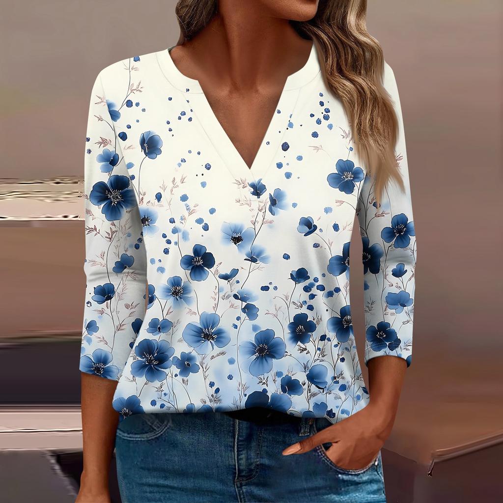 Женская футболка Футболка с принтом Рукав 3/4 Повседневные Выходные Мода Базовый V-образный вырез Обычный топ