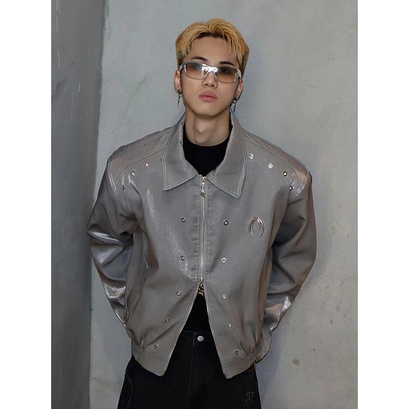 Unisex High-End Liquid Metal Star Design Short Jacket with Lapel and Drop Shoulders