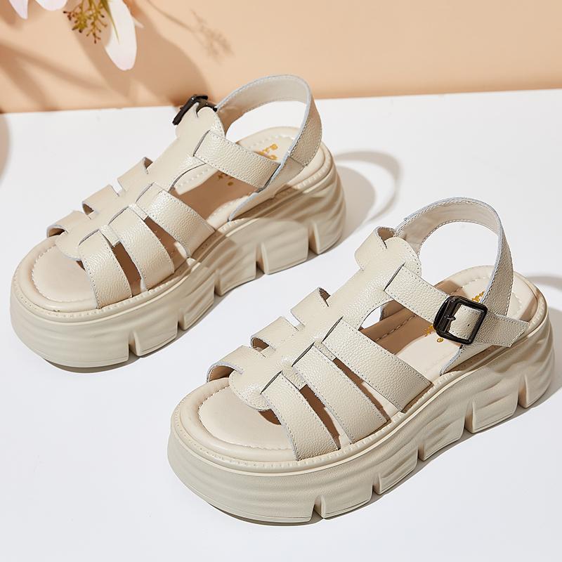 Модные GKTINOO 6см Новые Женские Сандалии С Пряжкой Шлепанцы Коровья Натуральная Кожа Летняя Мода Платформа Танкетка Роскошные Женские Удобные Женские Туфли