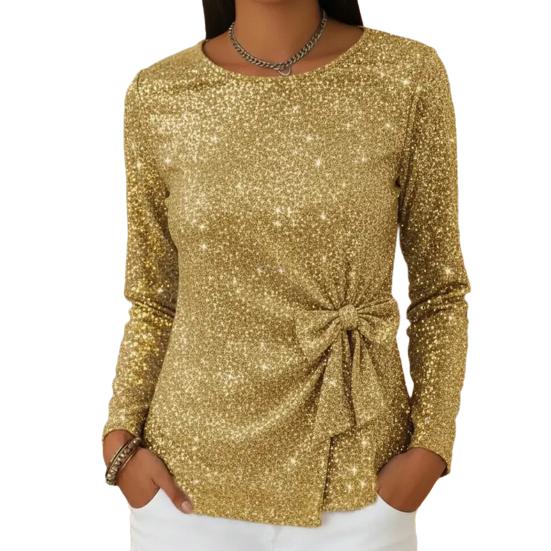 Женские топы с круглым вырезом, длинными рукавами и сверкающими пайетками, пуловеры с мерцающим бантом