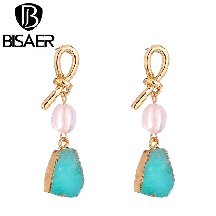 Bisaer Blue Imitation Natural Stone & Pink Imitation Pearls Stud Earrings for Women Fine Jewelry
