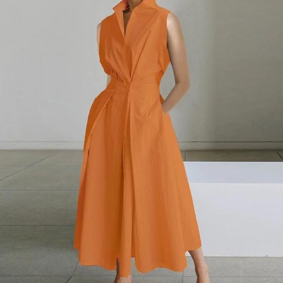 Женское платье трапециевидной формы на пуговицах с лацканами, большие качели, обтягивающее платье без рукавов с высокой талией, карманами, формальный стиль, однотонное женское платье миди