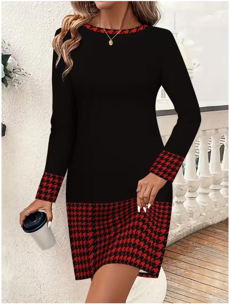 2025 Осень и Зима Новое 3D Ретро Принт и Крашение Женская Мода Платье с Длинным Рукавом и Круглым Вырезом Облегающее Бедра Ограниченная Серия к Дню Святого Валентина