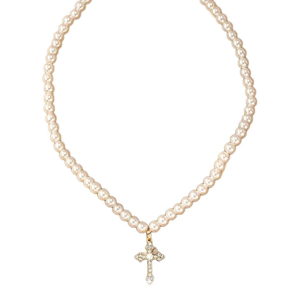 Модное европейско-американское ожерелье-чокер с подвеской в виде креста из стразов и жемчуга