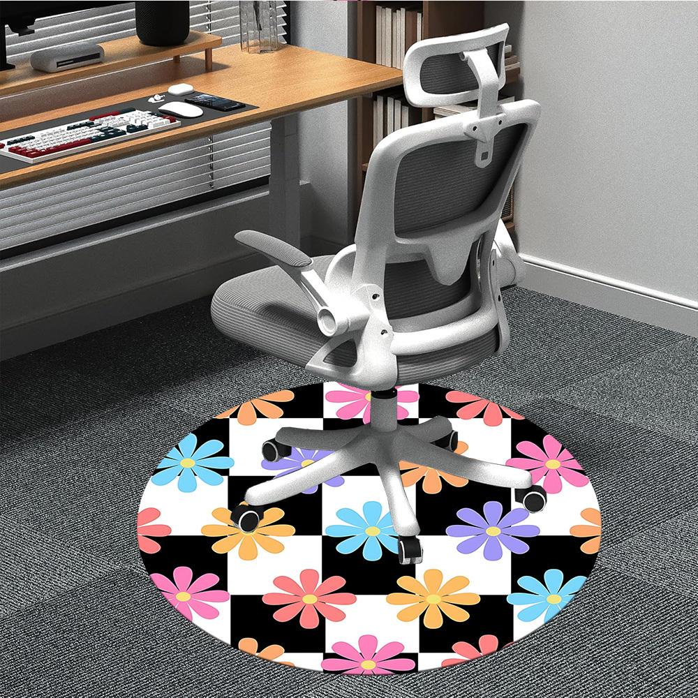 1pc Floral Checkered Office Round Area Rug,  Mat Suitable For Office, Under Office Chairs Bedroom Living Room Home Decor, Room Deco