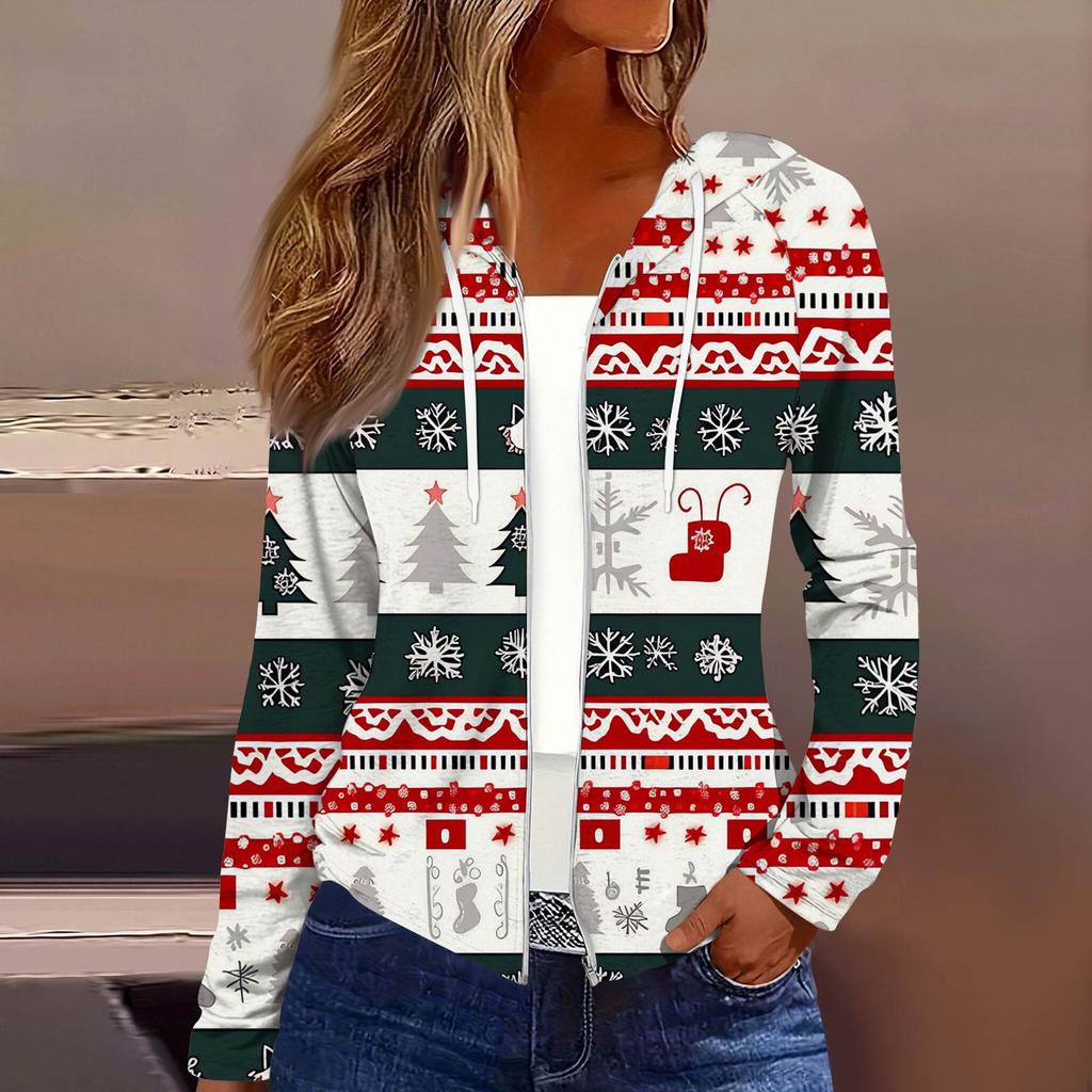 Women's Fashion Christmas Print Casual Zip-Up Long-Sleeved Hooded Jacket