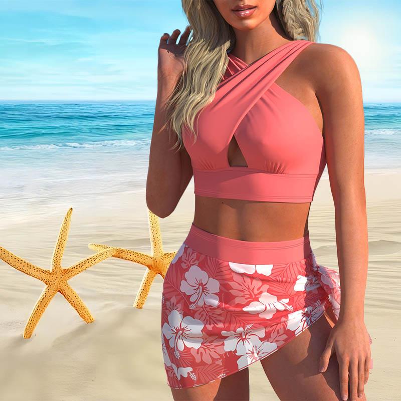 Women's Shoulder Strap Swimsuit Green Summer Printed Bikini Short Tank Top Swimsuit