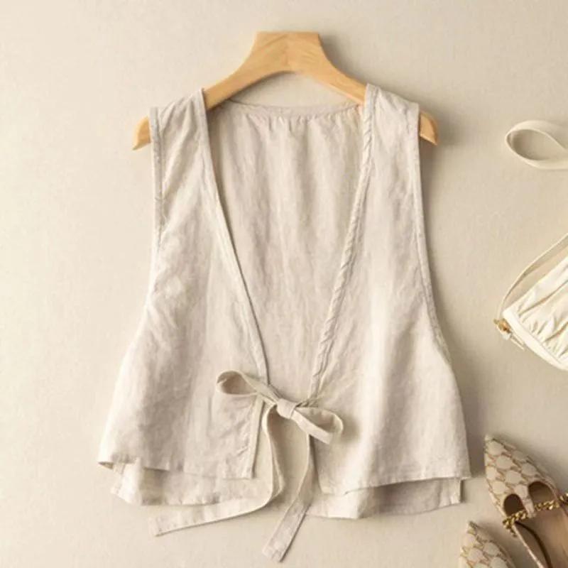 Женский летний жилет в литературном ретро-этническом стиле, однотонный, тонкий, свободный, с завязками на лацканах