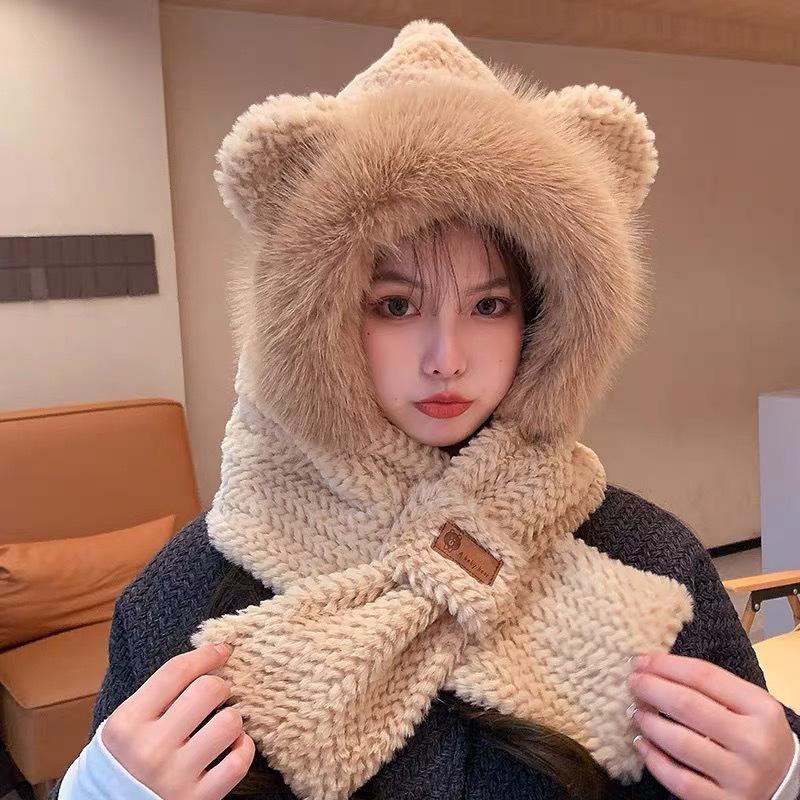 Cute Bear Scarf Hat Two-piece Set for Women's Winter Warmth and Cold Protection Integrated Hooded Plush Ear Protection Scarf New
