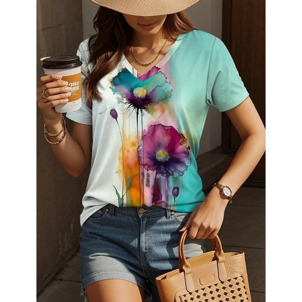 Summer Women Short Sleeve V-Neck Oversized T Shirt For Women Fashion Ladies T-Shirt 3d Flower Print Top Casual Clothes