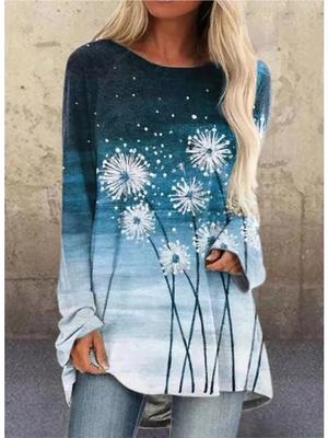 Женская футболка больших размеров с блестящим принтом, удобная, с длинным рукавом, круглым вырезом, повседневная, свободного кроя, средней длины