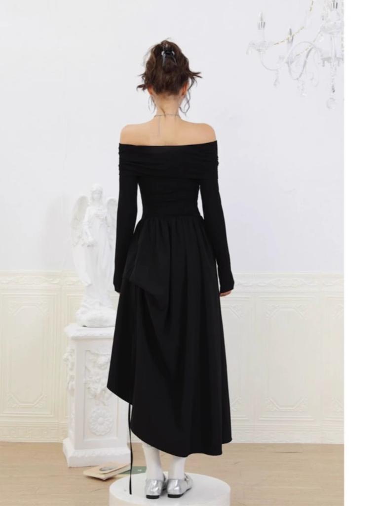 French one-word shoulder long-sleeved white dress with high-end texture, new early autumn temperament long dress