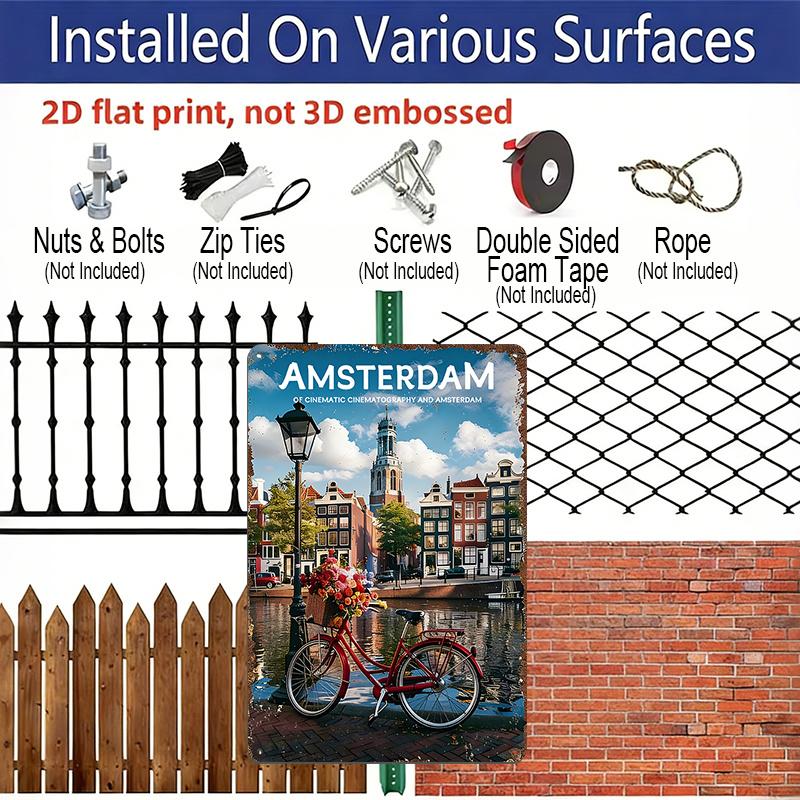 2D Flat, 1pc Vintage Amsterdam Aluminium Wall Art Sign "Cinematic Amsterdam" - 8"x12" Rustic Travel & Home Decor, Dutch Canal & Bicycle Wall Art