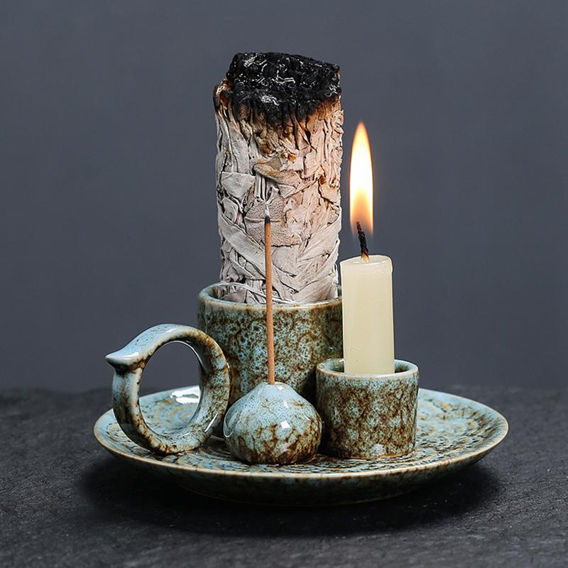 Новый керамический набор для благовоний - Многофункциональный домашний декор, 4-в-1 подставка для благовонных палочек и шалфея, держатель для пало санто и свечей