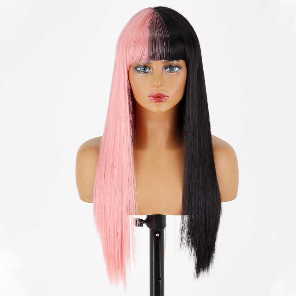 MISS WIG Women Fashion Long Straight Light Blonde Color Wig with Blunt Bangs Synthetic Fiber Daily Wear Long Straight Wig