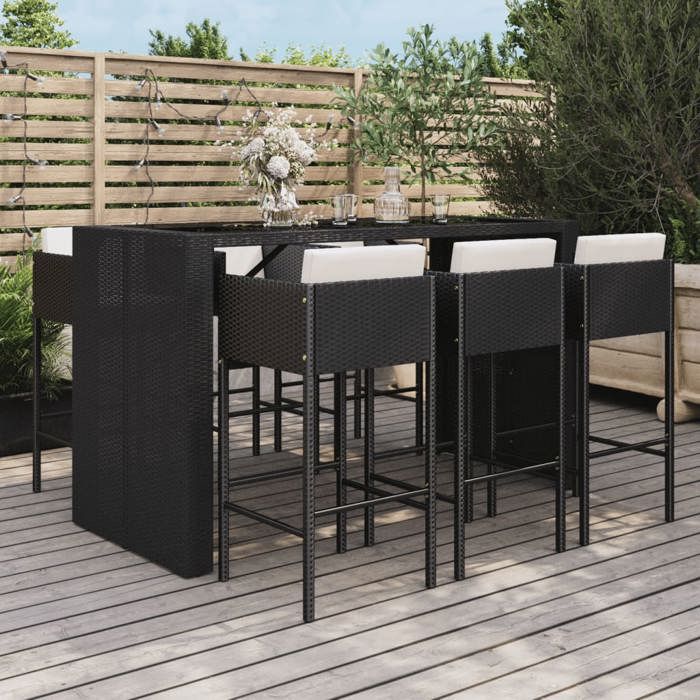 VidaXL 7-piece Garden Bar Set with Black Poly Rattan Cushions, Bar Table Set, Bar Table and Chair, 3200664