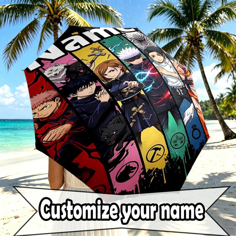 Custom Name Personalized Jujutsu Kaisen Print Umbrella, Auto Open Close, 8‑Rib Sturdy Frame, Commute Camping Hiking Use, Birthday Gift