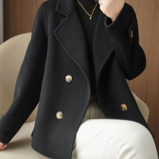 Women Fall Winter Woolen Coat Double-breasted Lapel Long Sleeve Loose Solid Color Thickened Warm Formal Business Style OL Commute Jacket