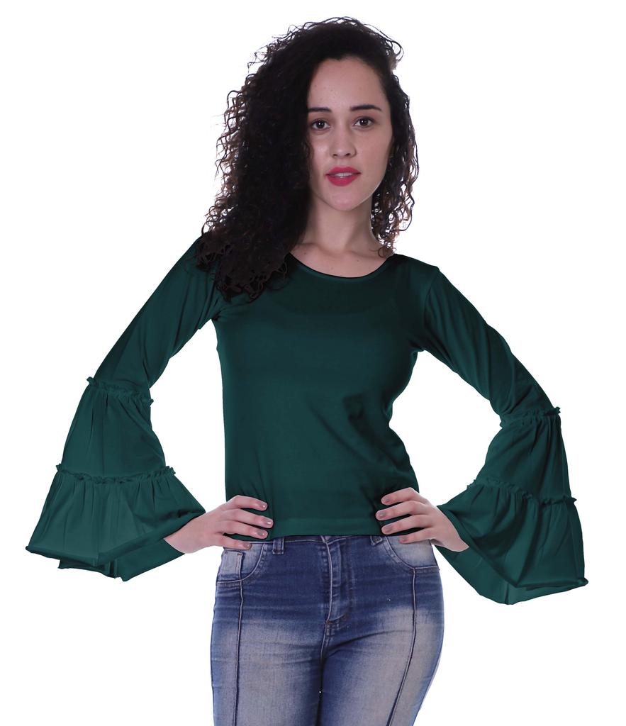 Moomaya Womens Long Bell Sleeves Tshirt Top Round Neck Plain Casual Fit Summer Tee