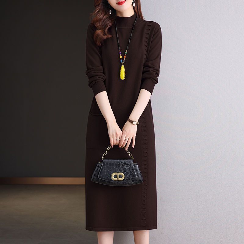 Вязаное платье длиной до колена Женское платье средней длины свободного кроя Большого размера Платье-свитер Однотонный Повседневный Пуловер с полувысоким воротом